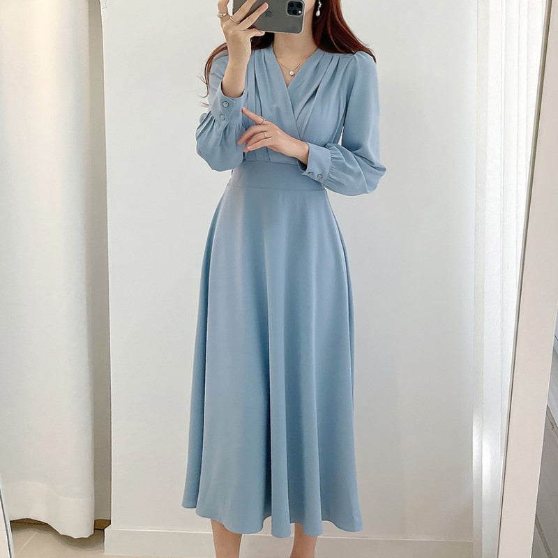 V-Neck Wrap Long Sleeve A-Line Midi Dress 8