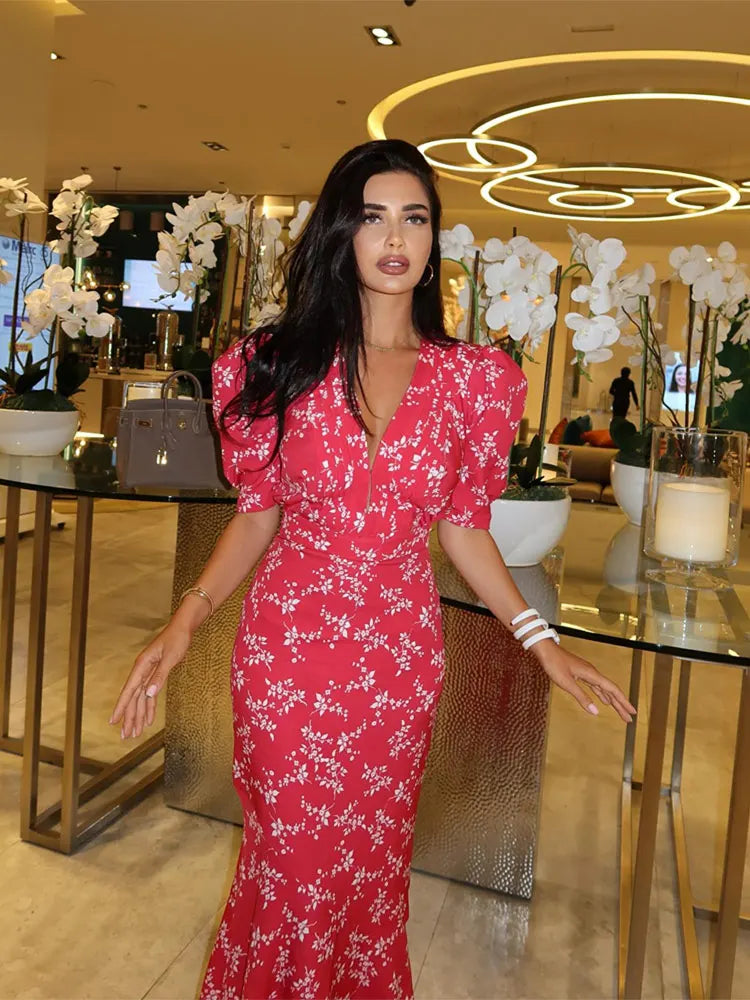 Floral Print Deep V-Neck Puff Sleeve Bodycon Midi Cocktail Dress