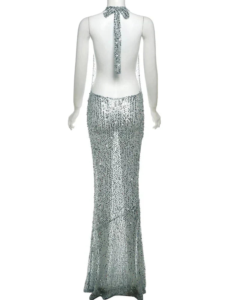 Sequin Halter Neck Deep V-Neck Backless Mermaid Maxi Dress