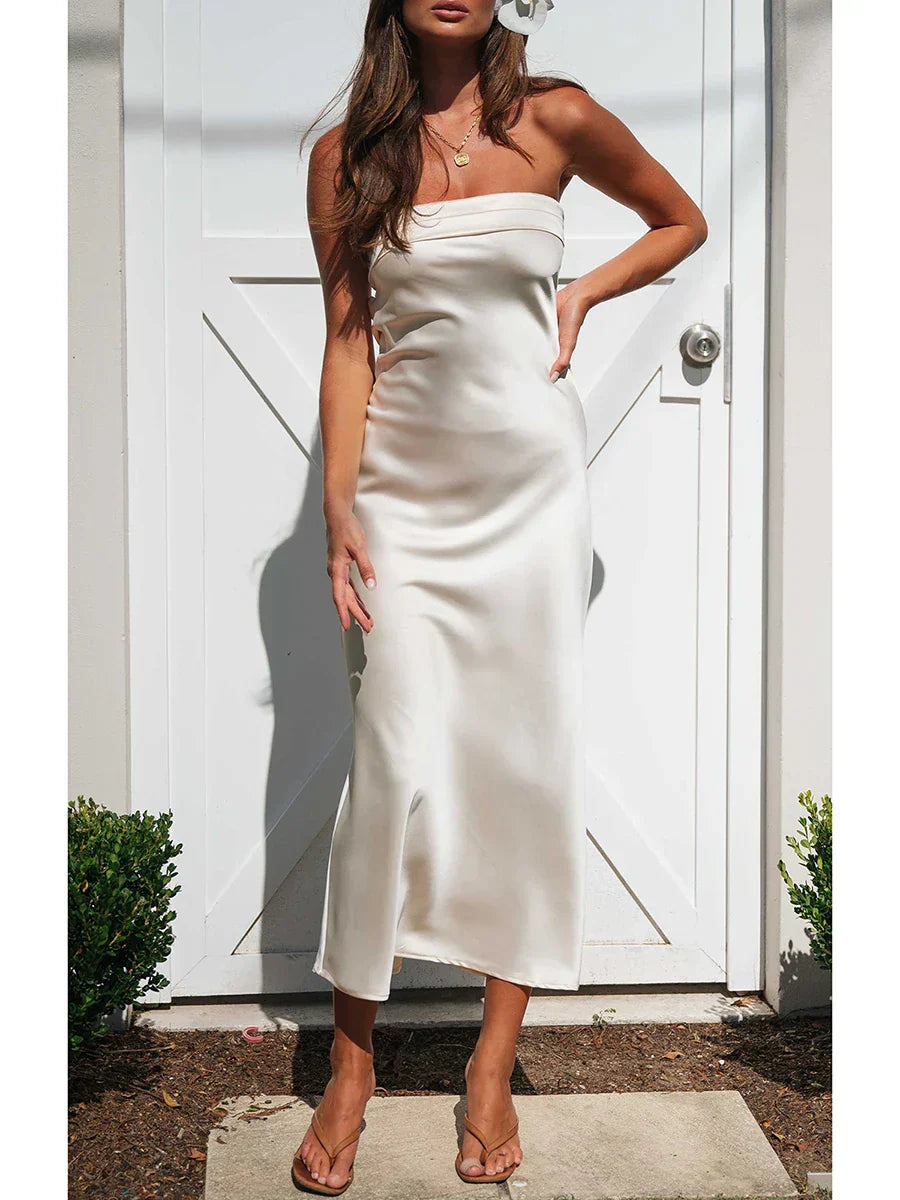 Satin Strapless Fold Over Bust Column Slip Maxi Dress