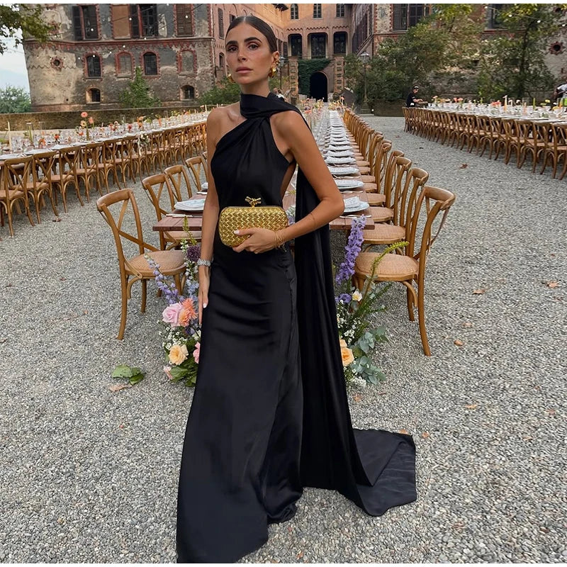 Satin Halter Neck Asymmetric Draped Sash Floor Length Gown