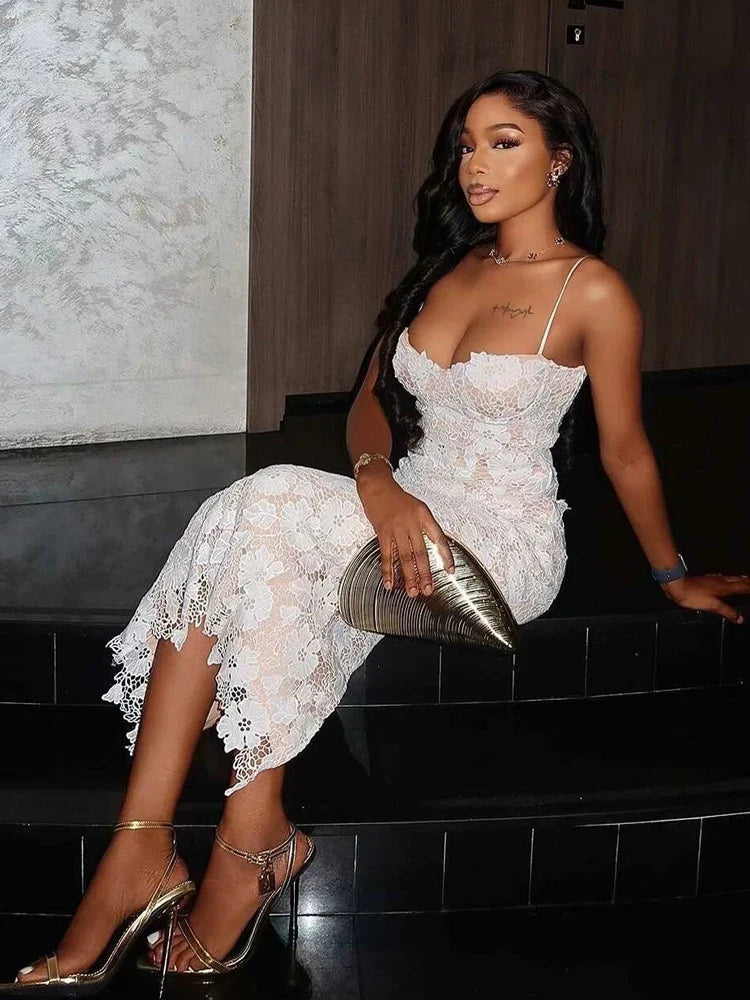 Lace Spaghetti Strap Lace Up Back Bodycon Midi Dress