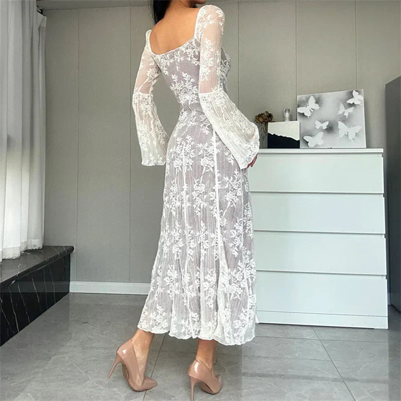 Lace Flared Sleeve A-Line Midi Dress - View 2
