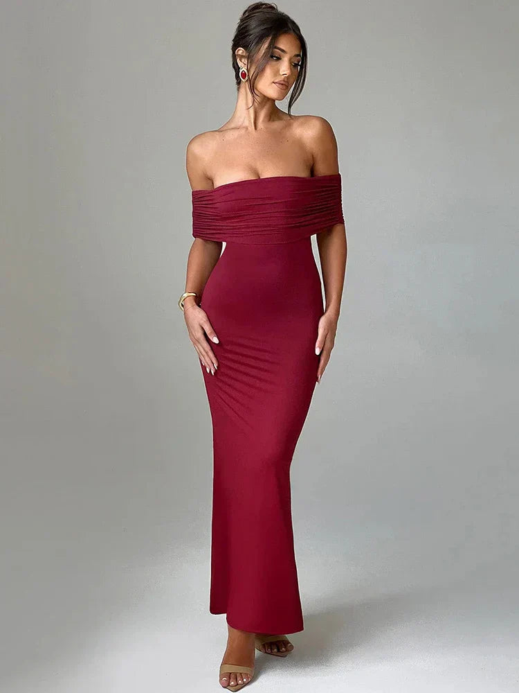 Off Shoulder Pleated Ruched Mermaid Maxi Dress