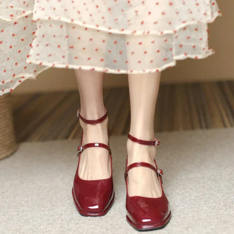 Square Toe Ankle Strap Block Heel Mary Jane Pumps