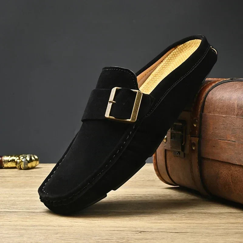 Suede Look Buckle Strap Backless Loafer Mules