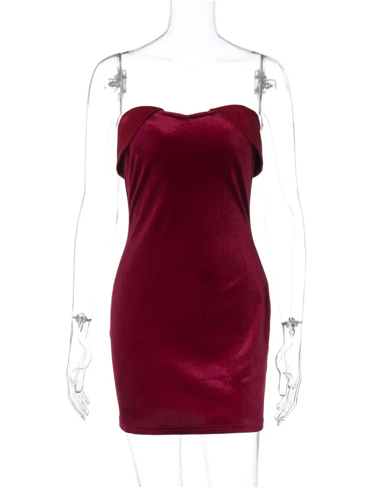 Velvet Strapless Fold Over Neckline Bodycon Mini Dress 12