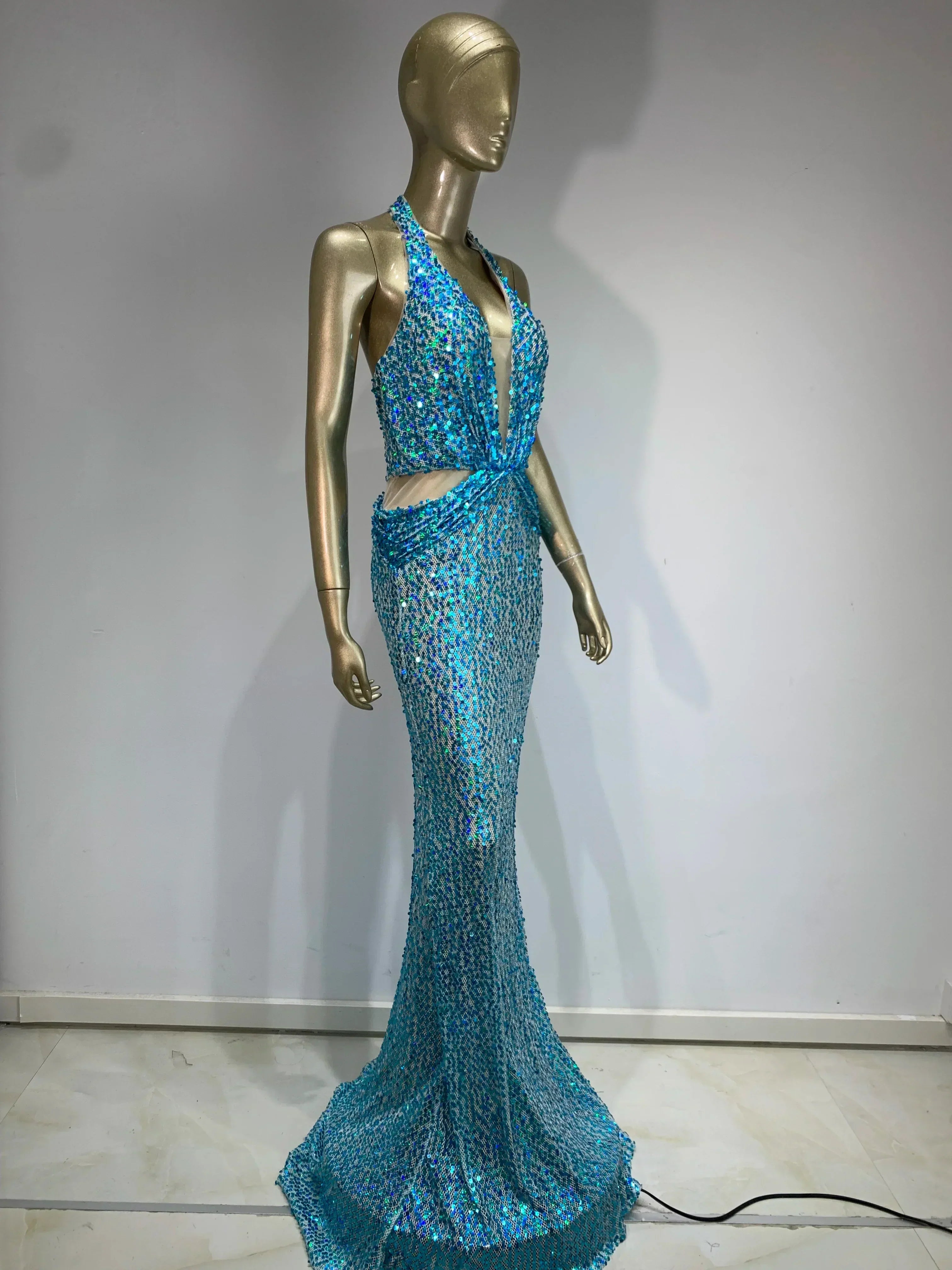 Sequin Halter Neck Deep V-Neck Cut Out Sheer Mermaid Gown