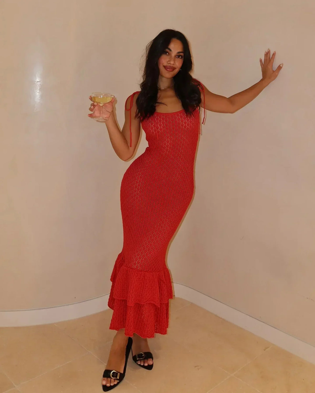 Crochet Knit Spaghetti Strap Tiered Ruffle Hem Mermaid Maxi Dress 6