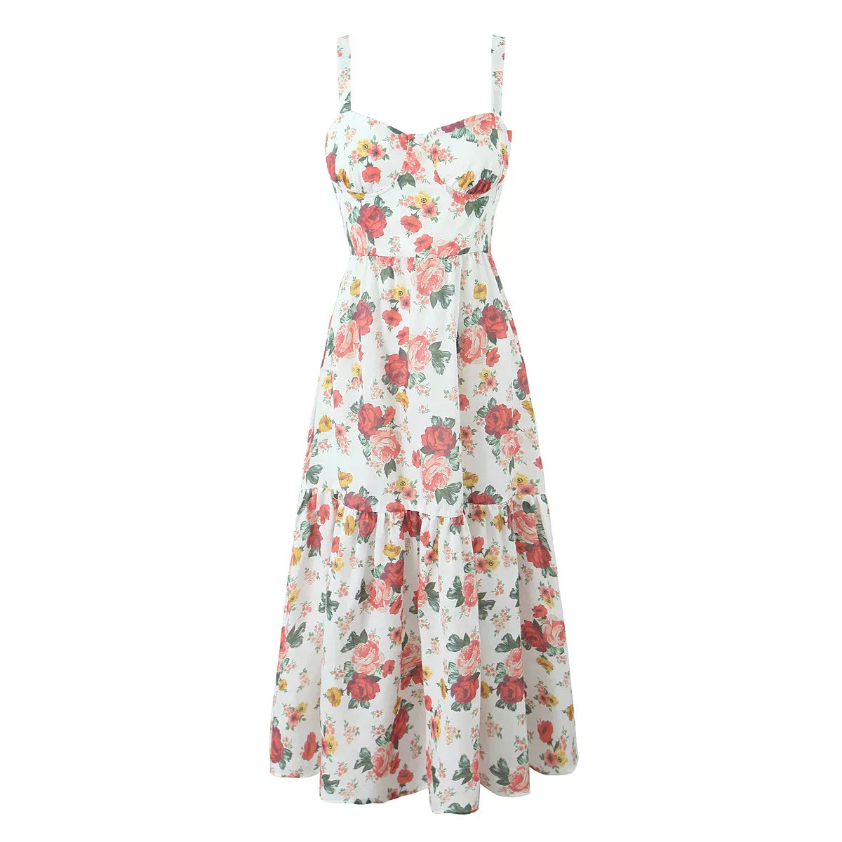 Floral Sweetheart Corset Tiered Ruffle Midi Dress