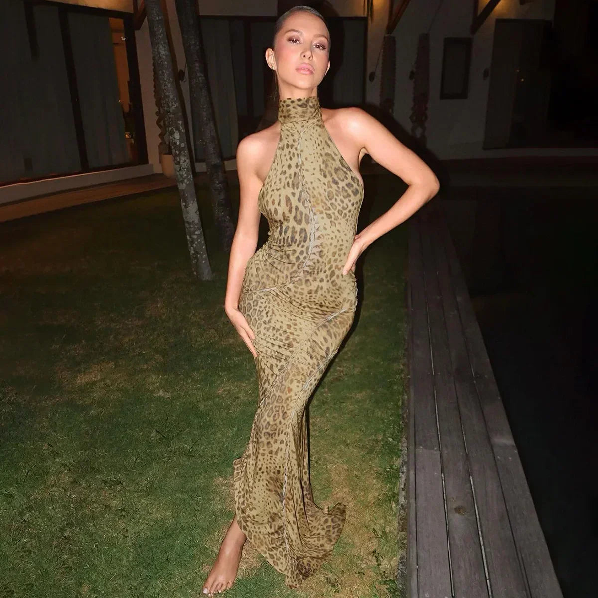 Leopard Print Halter Neck Lace Up Cut Out Ruched Bodycon Midi Dress