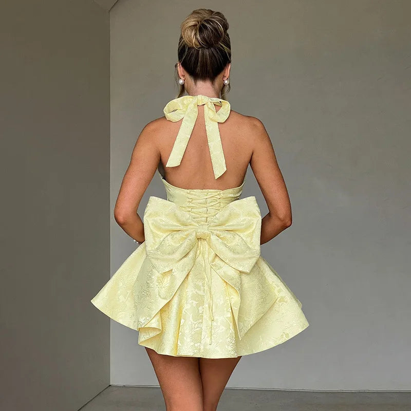 Jacquard Halter Neck Deep V-Neck Back Bow Flare Mini Party Dress