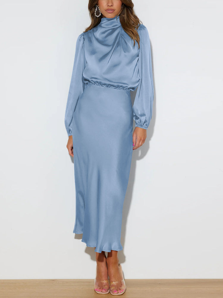 Satin Mock Neck Blouson Long Sleeve Elastic Waist Midi Dress