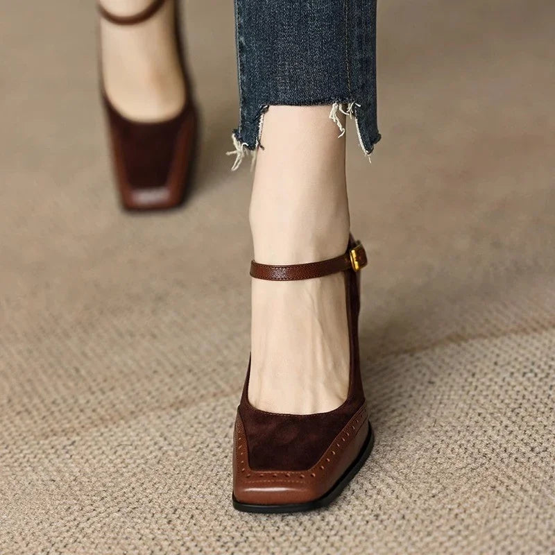 Square Toe Ankle Strap Block Heel Mary Jane Pumps