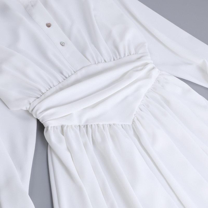 Deep V-Neck Shirt Collar Ruched Waist Bell Sleeve Mini Dress