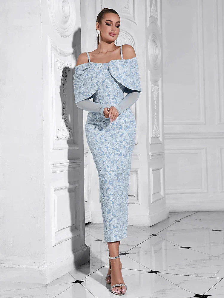 Sky Blue Mesh Sleeve Floral Dress