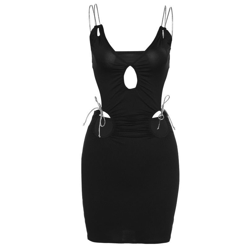 Rhinestone Spaghetti Strap Deep V-Neck Keyhole Cut Out Waist Tie Bodycon Mini Dress