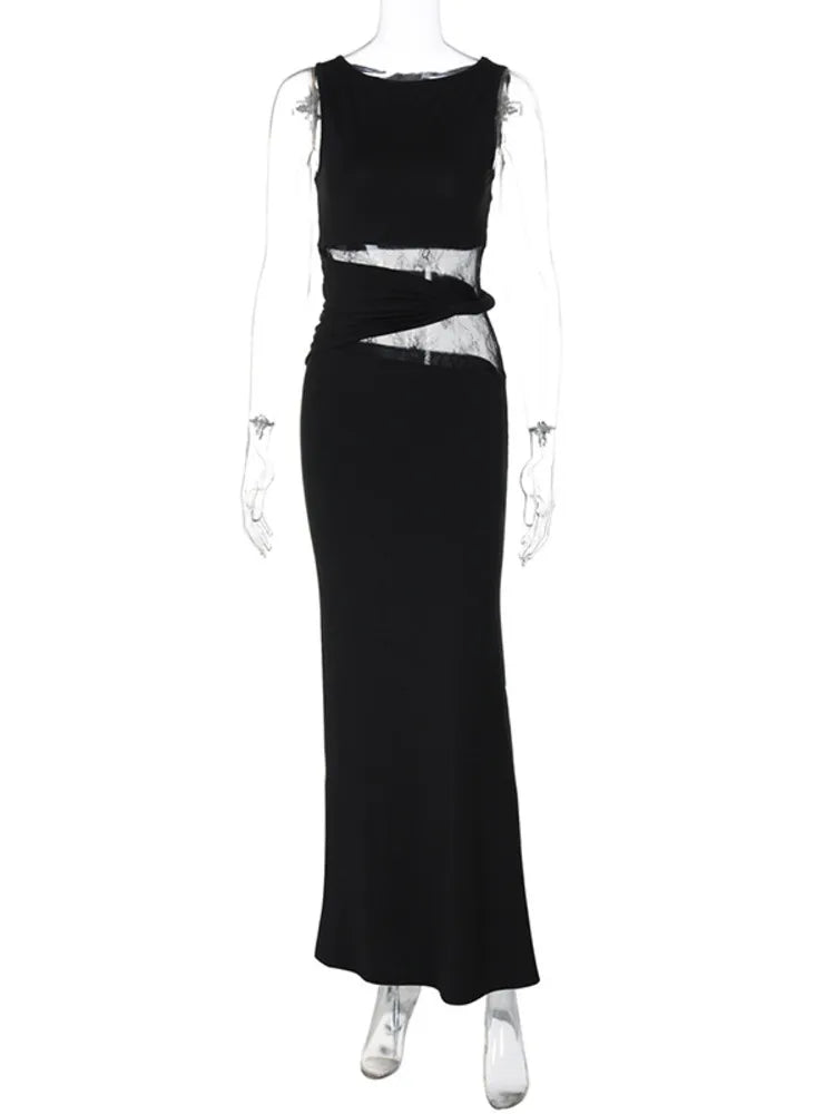 Asymmetric Neck Cap Sleeve Lace Waist Panel Bodycon Maxi Dress 12