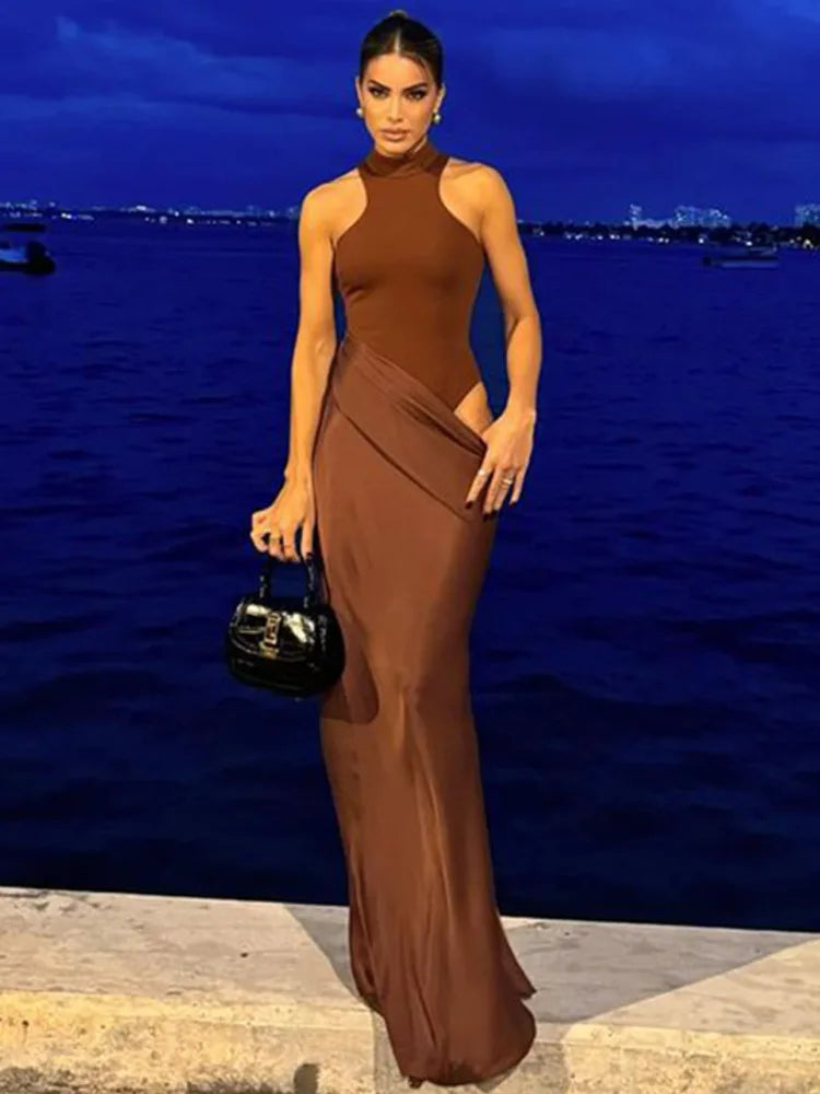 Satin Hollow Out Black Maxi Dress - View 3
