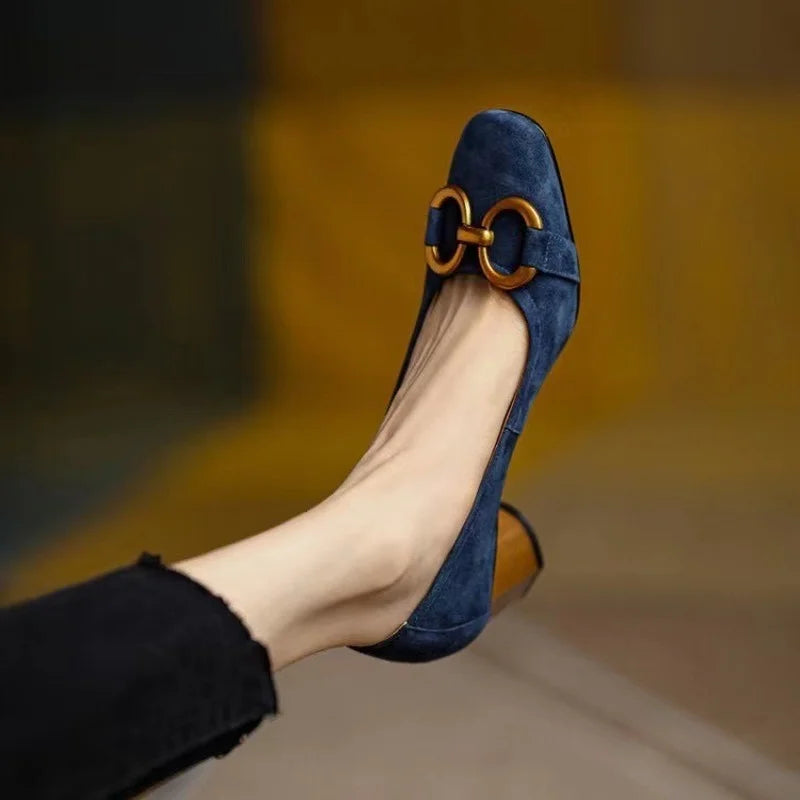 Suede Look Square Toe Metal Buckle Block Heel Pumps