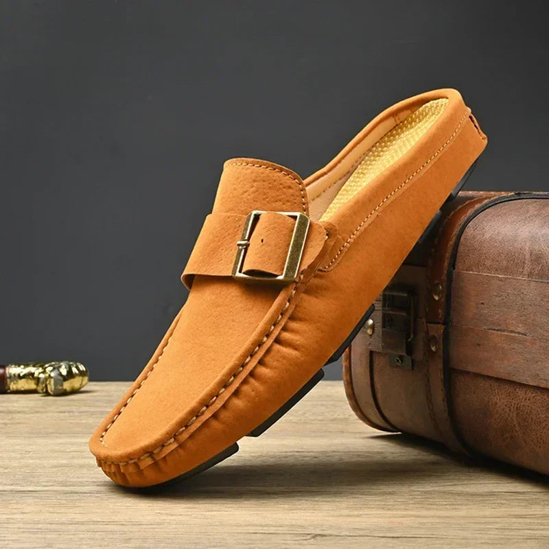 Suede-Look Buckle Backless Loafer Mules