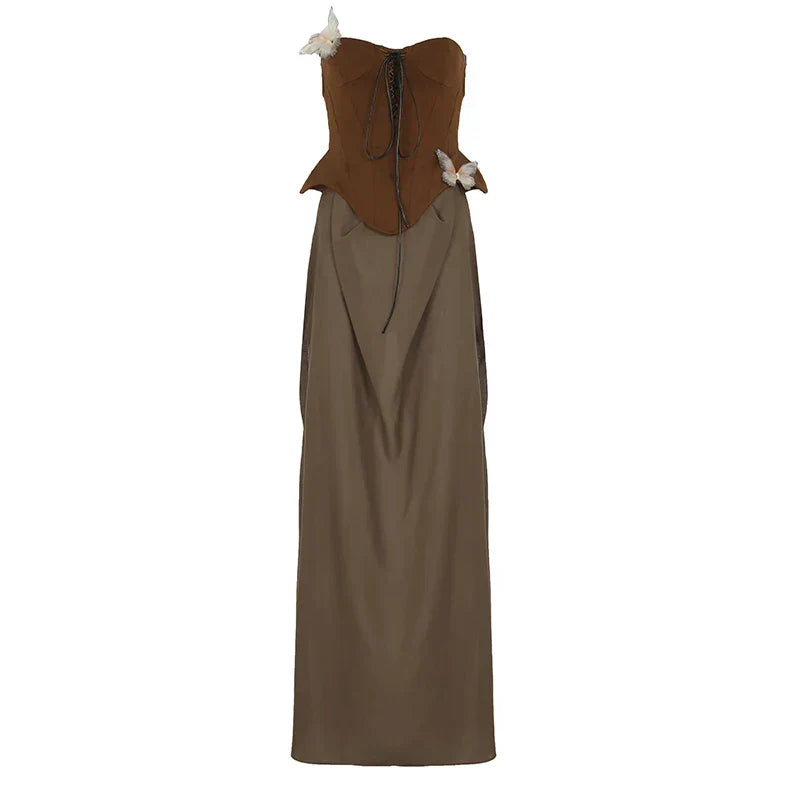 Sexy Women Butterfly Detail Strapless Long Dress Aesthetic Chic Detachable Corset Top Vintage Graceful Maxi Dresses