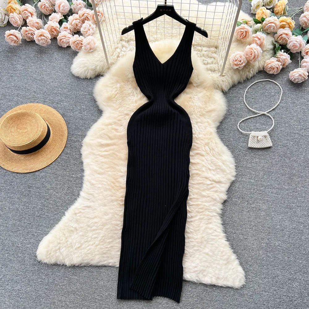 Ribbed Knit V-Neck Sleeveless Cut Out High Split Bodycon Maxi Dress