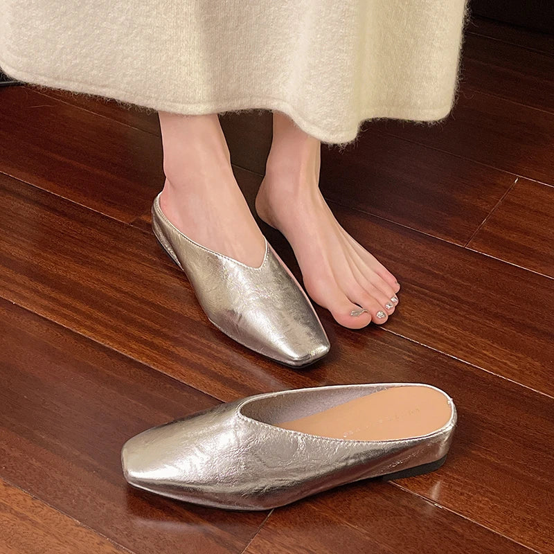 Metallic Square Toe Flat Mules