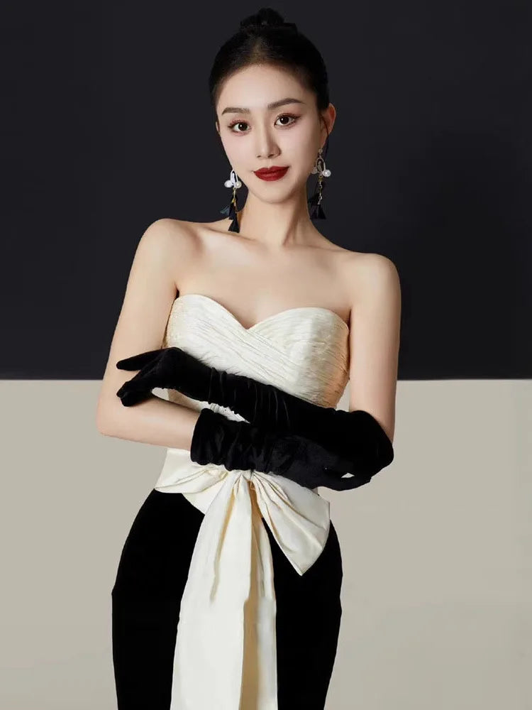 Velvet Strapless Sweetheart Bow Waist Patchwork Mermaid Maxi Gown