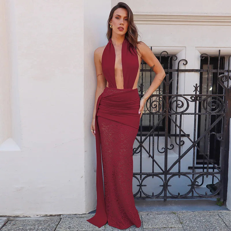 Halter Neck Deep V-Neck Draped Waist Lace Skirt Maxi Gown 26