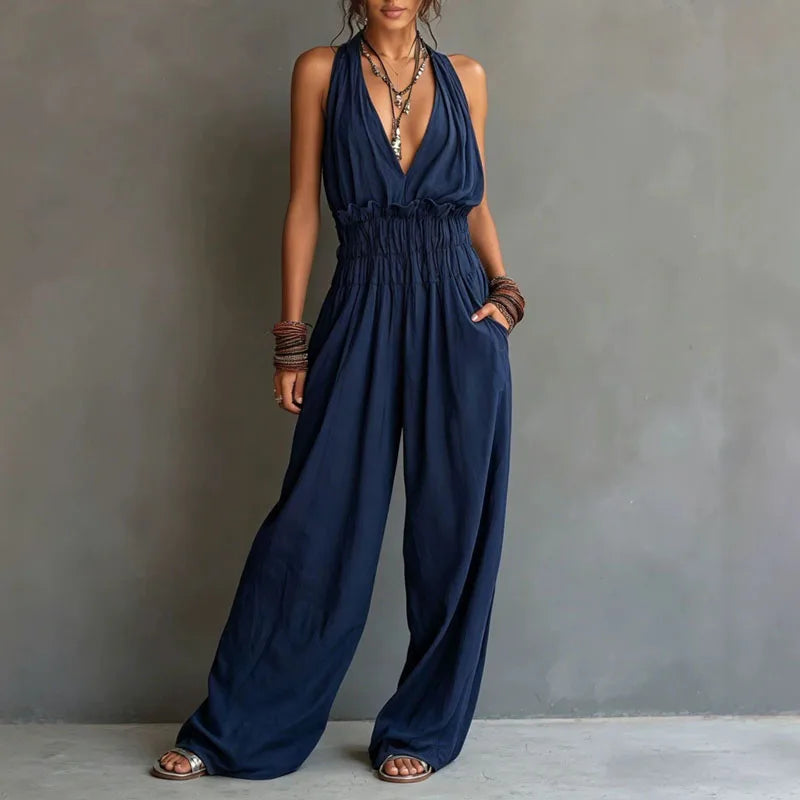 Halter Deep V-Neck Smocked Waist Wide Leg Jumpsuit