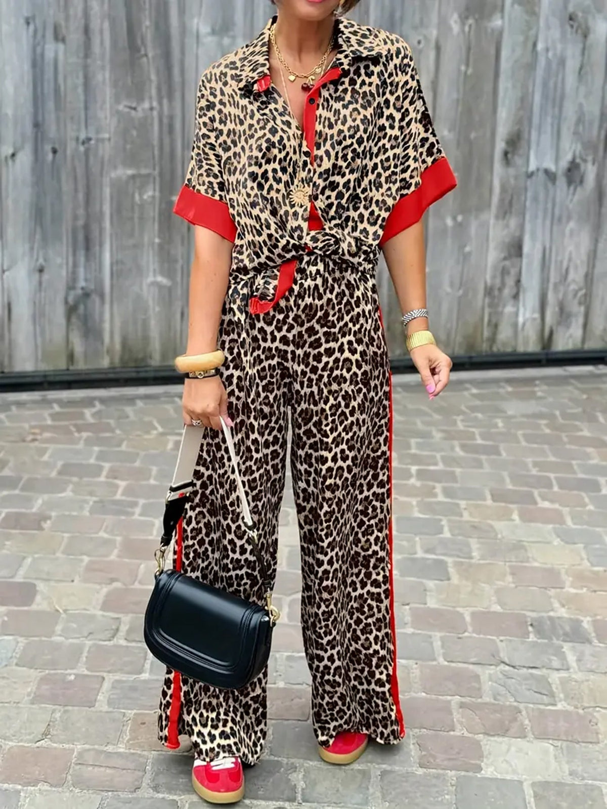 Leopard Print Contrast Trim Shirt and Wide Leg Pants Two Piece Set