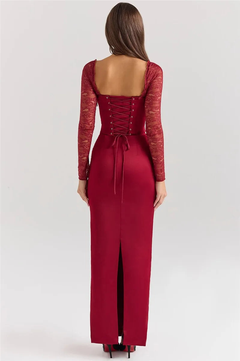 Sweetheart Neck Lace Long Sleeve Corset Bodice Satin Maxi Dress 5