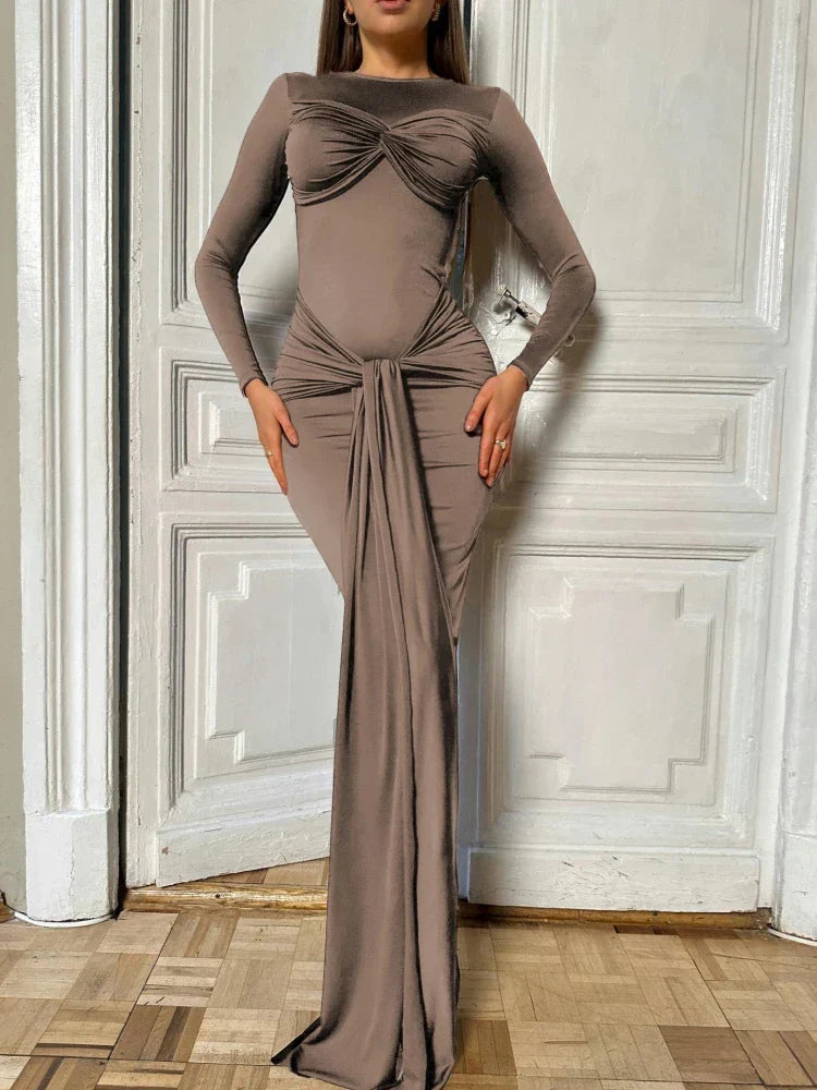 Long Sleeve Pleated Draped Maxi Dress
