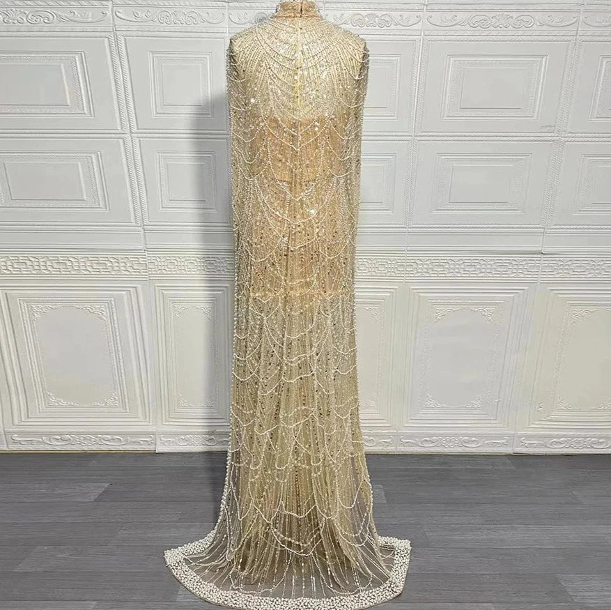 Beaded High Neck Cape Sleeve Sheer Mermaid Gown