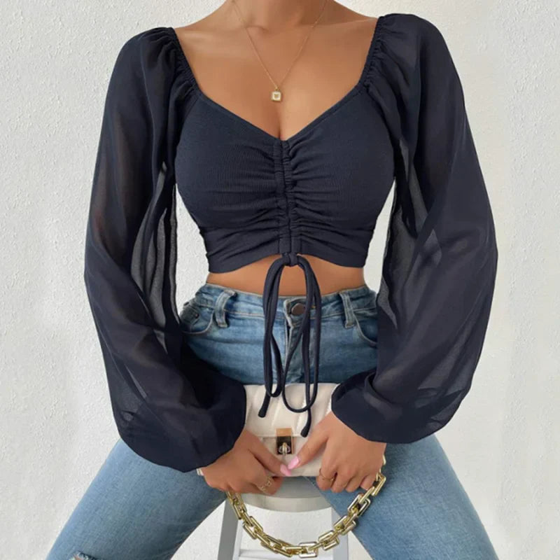 VNeck Drawstring Bandage Sheer Top