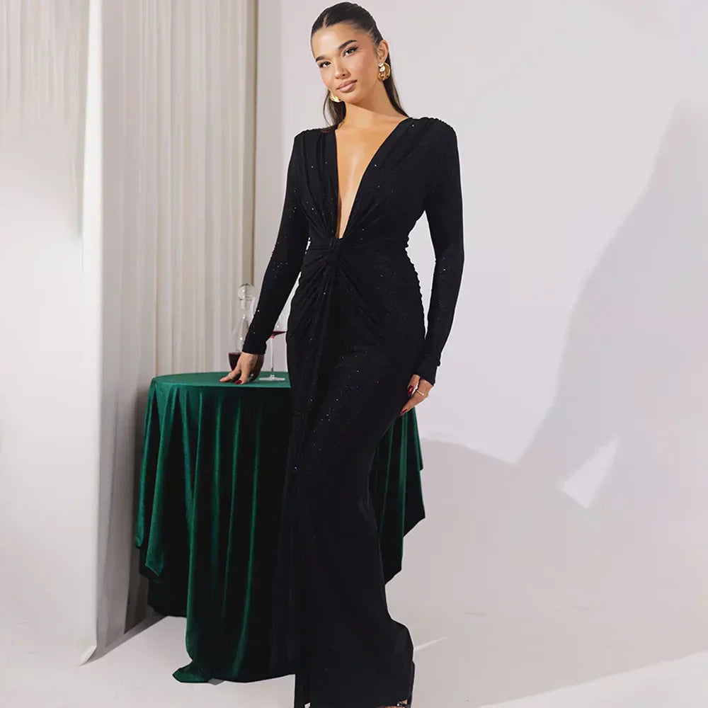Elastic Deep V - Fold Lace Maxi Dress - View 12