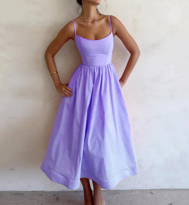 Spaghetti Strap Scoop Neck Pleated Waist Fit and Flare A-Line Midi Dress