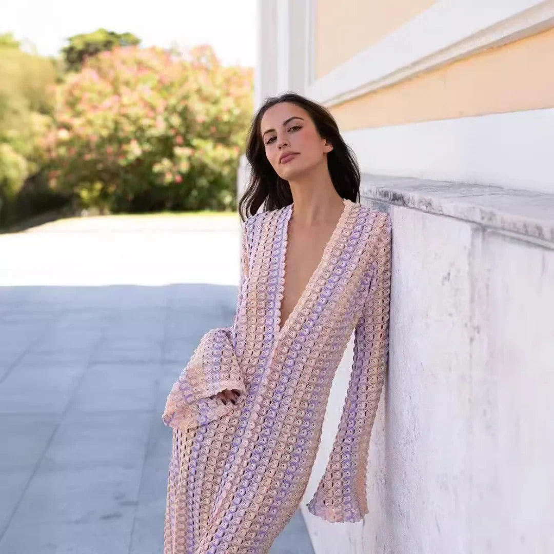 Crochet Deep V-Neck Bell Sleeve Scalloped Knit Maxi Dress