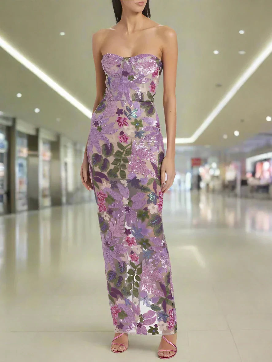 Sequin Floral - Embellished Lavender Strapless Dress