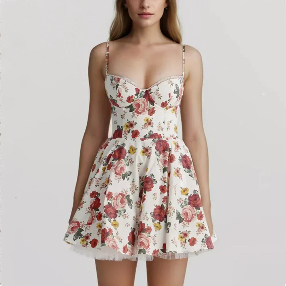 Floral Strapless Sweetheart Corset Ruffle Hem Mini Dress