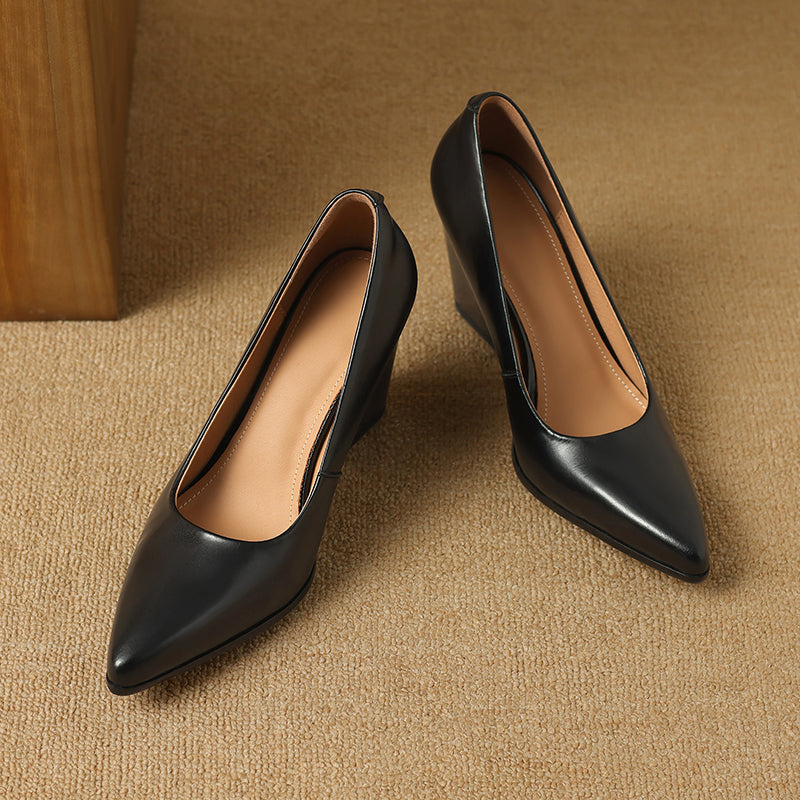 Pointed Toe Block Heel Slip On Leather Look Pumps
