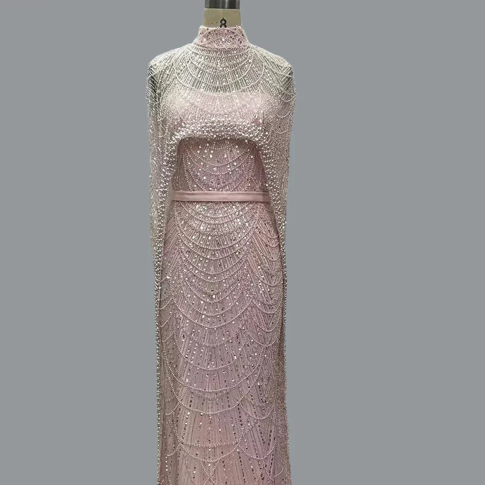 Beaded High Neck Cape Sleeve Sheer Mermaid Gown