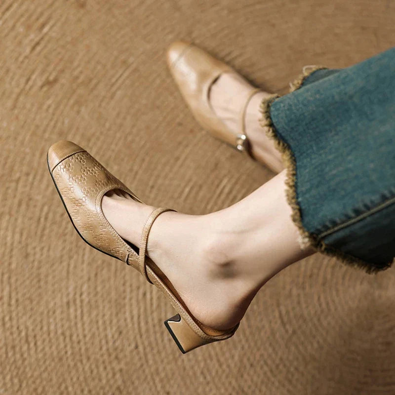 Embossed Square Toe Buckle Strap Block Heel Mary Jane Pumps