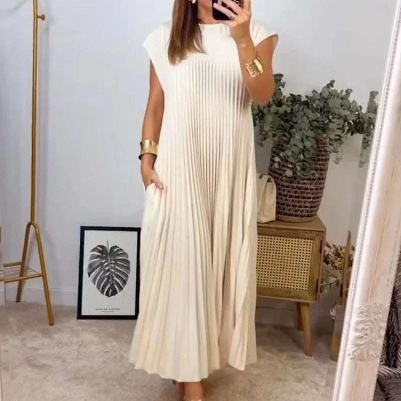 Sleeveless Crew Neck Accordion Pleat A-Line Maxi Dress
