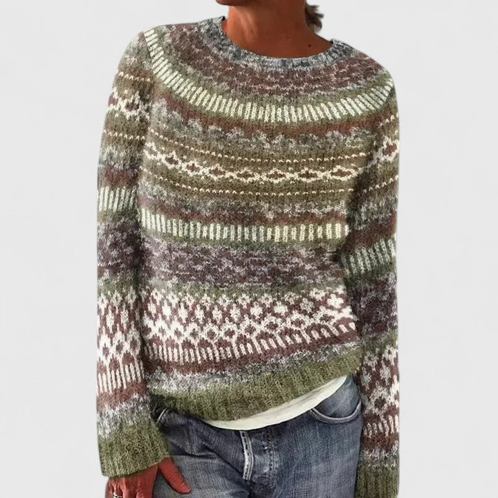 Fair Isle Crew Neck Long Sleeve Knit Sweater