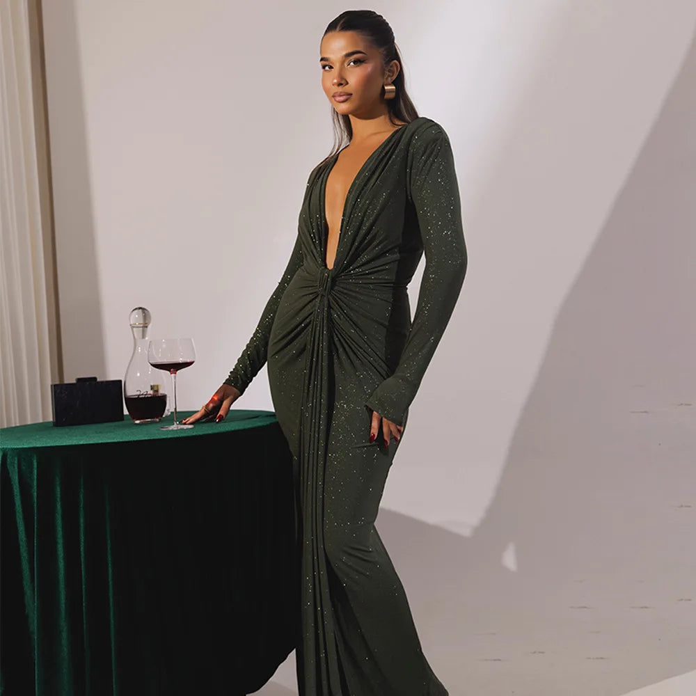Elastic Deep V - Fold Lace Maxi Dress - View 17