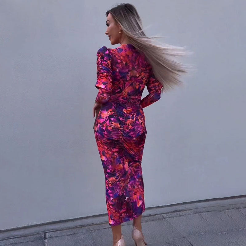 Deep V-Neck Puff Sleeve Ruched Floral Bodycon Midi Dress