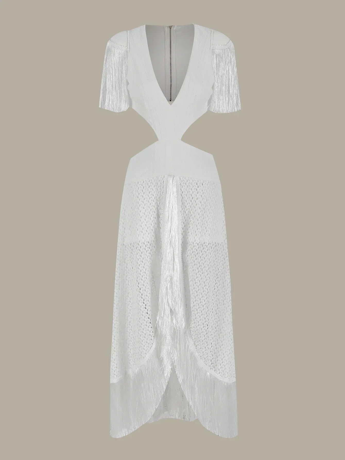 Crochet Knit Deep V-Neck Waist Cut Out Fringe High Split Maxi Dress
