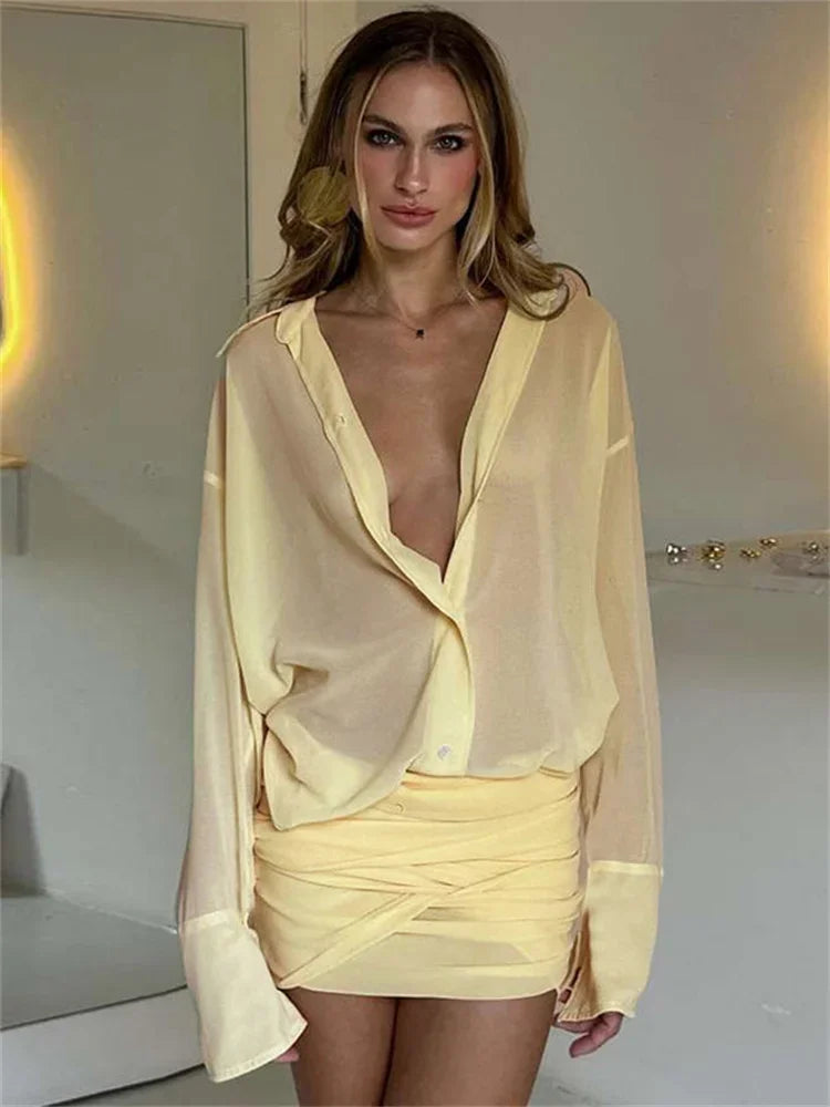 Sheer Long Sleeve Shirt Ruched Wrap Mini Skirt Two Piece Set